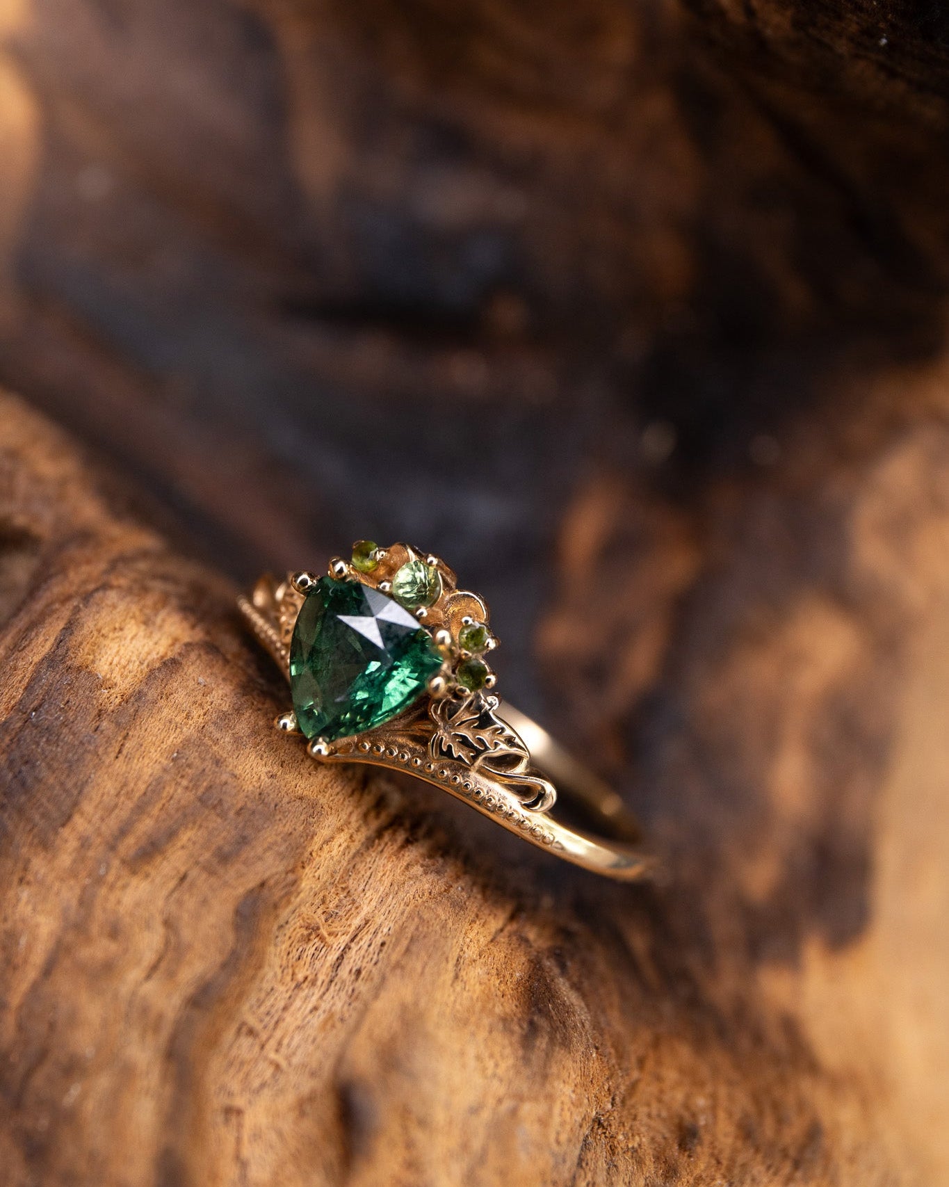 READY TO SHIP: Ariadne engagement ring in 14K yellow gold, natural green/teal sapphire, accent natural green sapphires, AVAILABLE RING SIZES: 7.5 - 10.5 US - Eden Garden Jewelry™