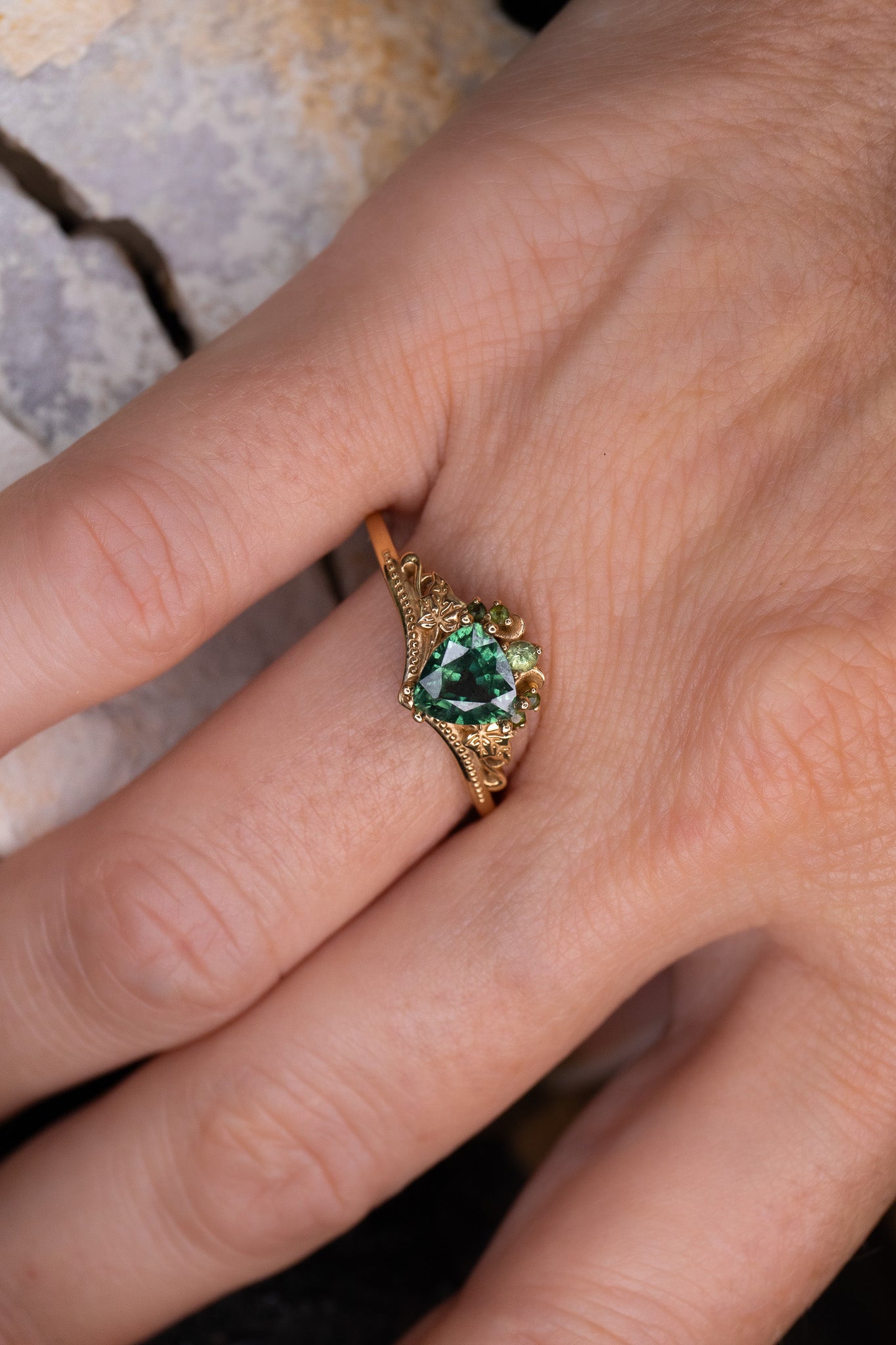 READY TO SHIP: Ariadne engagement ring in 14K yellow gold, natural green/teal sapphire, accent natural green sapphires, AVAILABLE RING SIZES: 7.5 - 10.5 US