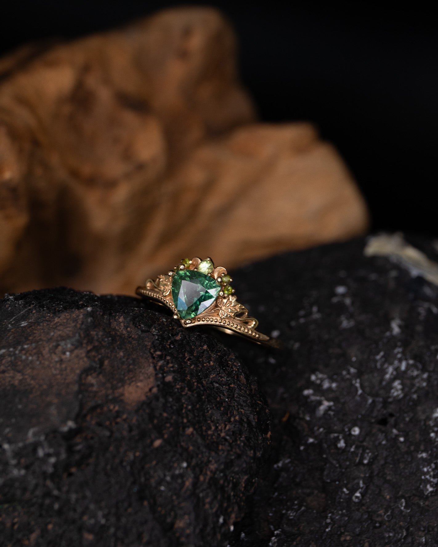 READY TO SHIP: Ariadne engagement ring in 14K yellow gold, natural green/teal sapphire, accent natural green sapphires, AVAILABLE RING SIZES: 7.5 - 10.5 US - Eden Garden Jewelry™