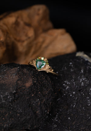 READY TO SHIP: Ariadne engagement ring in 14K yellow gold, natural green/teal sapphire, accent natural green sapphires, AVAILABLE RING SIZES: 7.5 - 10.5 US