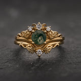 READY TO SHIP: Ariadne bridal ring set with round moss agate with accent natural diamonds, AVAILABLE RING SIZES: 3 - 5.5 US