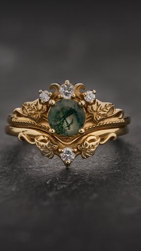 READY TO SHIP Ariadne bridal ring set with round moss agate with accent natural diamonds, 14K yellow gold, AVAILABLE RING SIZES: 3 - 5.5 US - Eden Garden Jewelry™