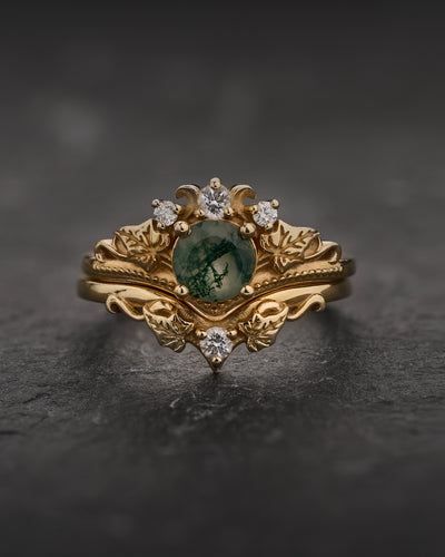 READY TO SHIP Ariadne bridal ring set with round moss agate with accent natural diamonds, 14K yellow gold, AVAILABLE RING SIZES: 3 - 5.5 US - Eden Garden Jewelry™