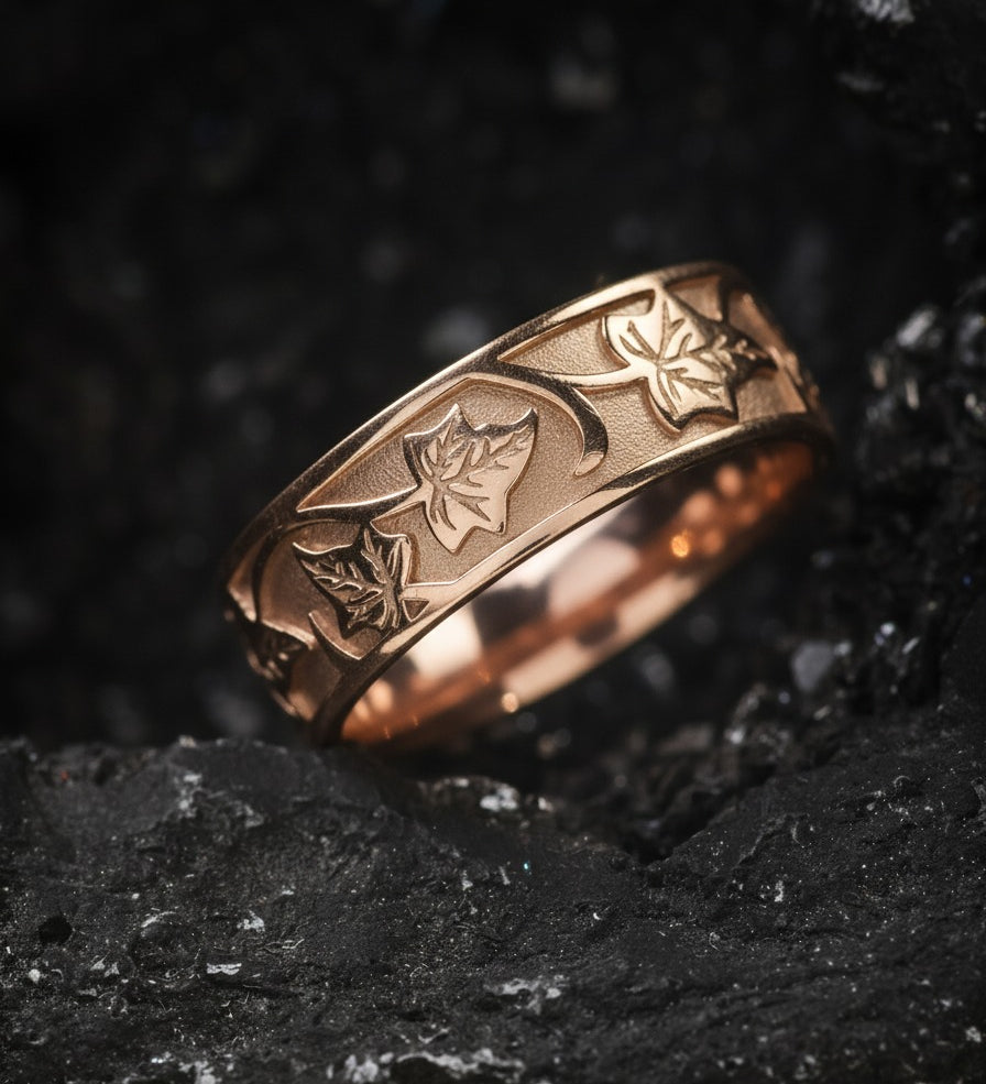 READY TO SHIP: Gold leaf wedding band for man, ivy leaves ring in 14k rose gold, AVAILABLE RING SIZE: 7.5 US - Eden Garden Jewelry™