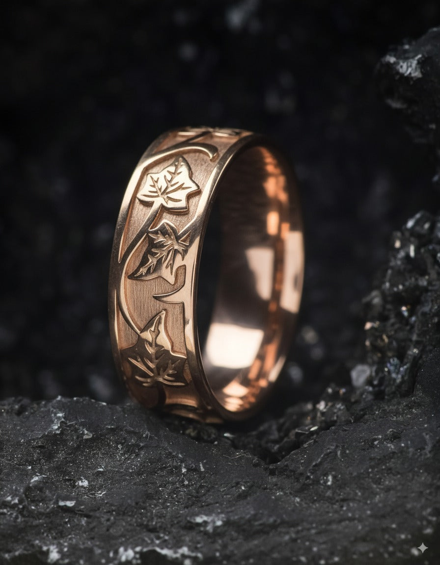 READY TO SHIP: Gold leaf wedding band for man, ivy leaves ring in 14k rose gold, AVAILABLE RING SIZE: 7.5 US - Eden Garden Jewelry™