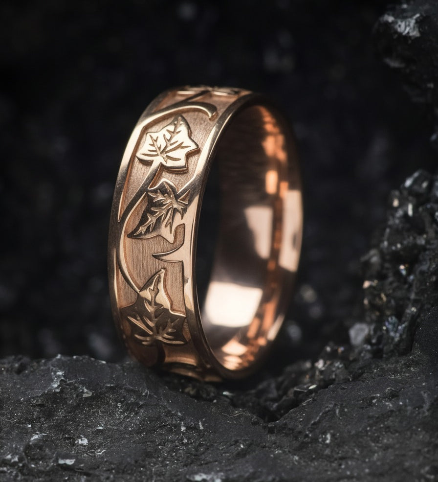 READY TO SHIP: Gold leaf wedding band for man, ivy leaves ring in 14k rose gold, AVAILABLE RING SIZE: 7.5 US - Eden Garden Jewelry™