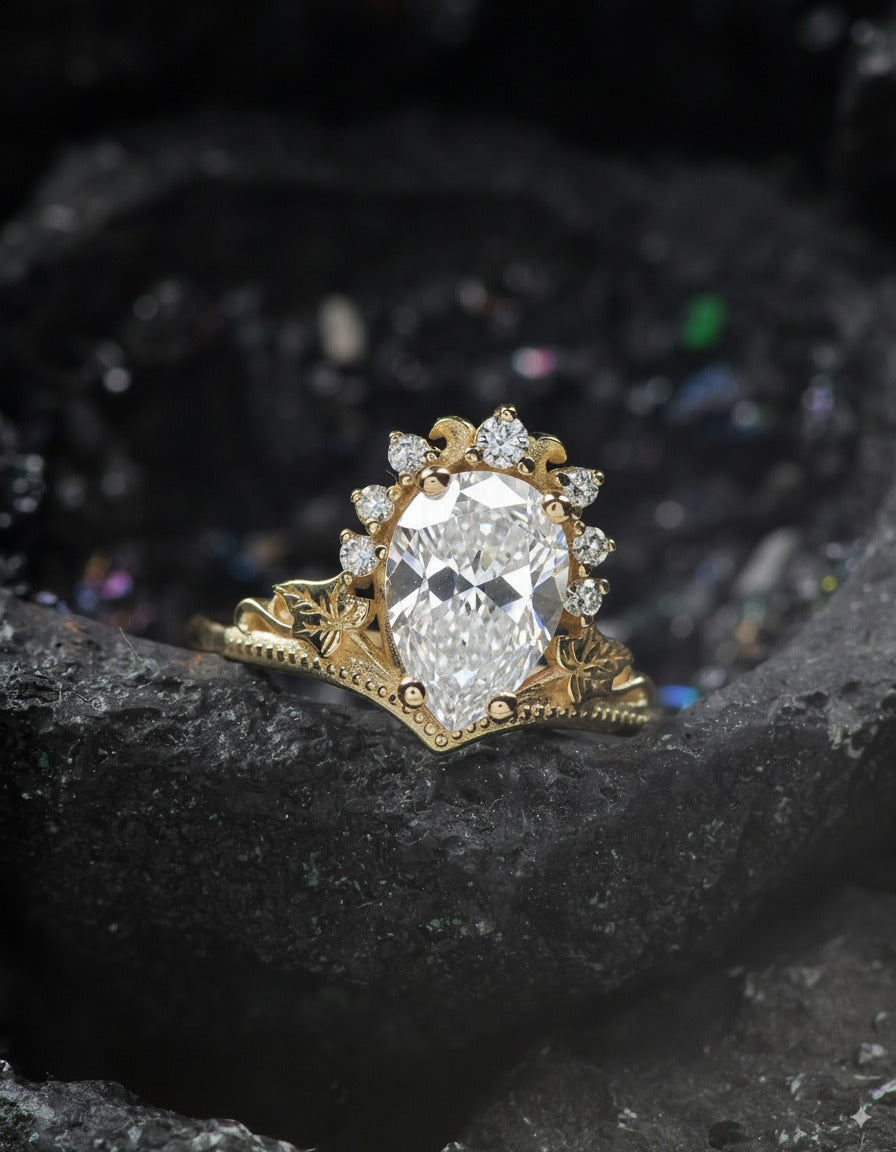 Big pear lab grown diamond engagement ring, 1.5 carat gemstone gold proposal ring / Ariadne - Eden Garden Jewelry™