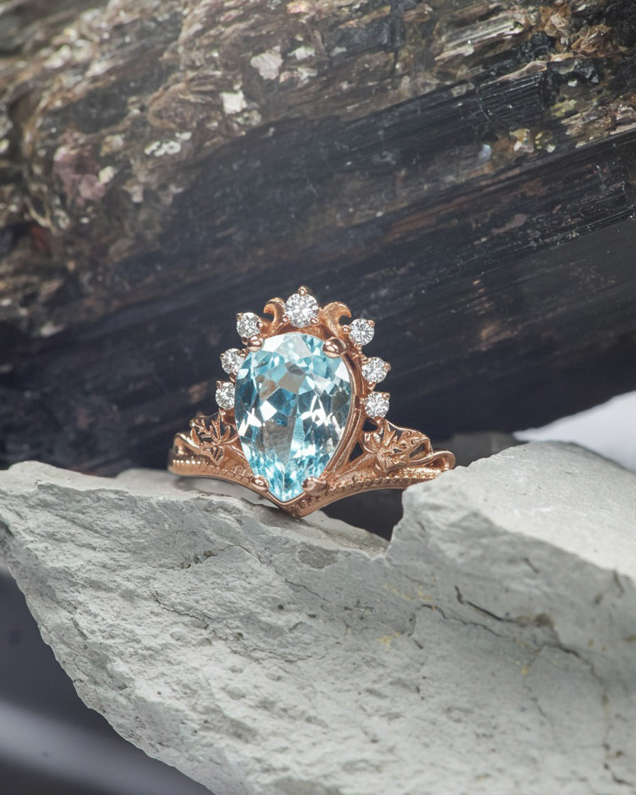 Aquamarine engagement ring, yellow gold proposal ring with diamond crown / Ariadne - Eden Garden Jewelry™