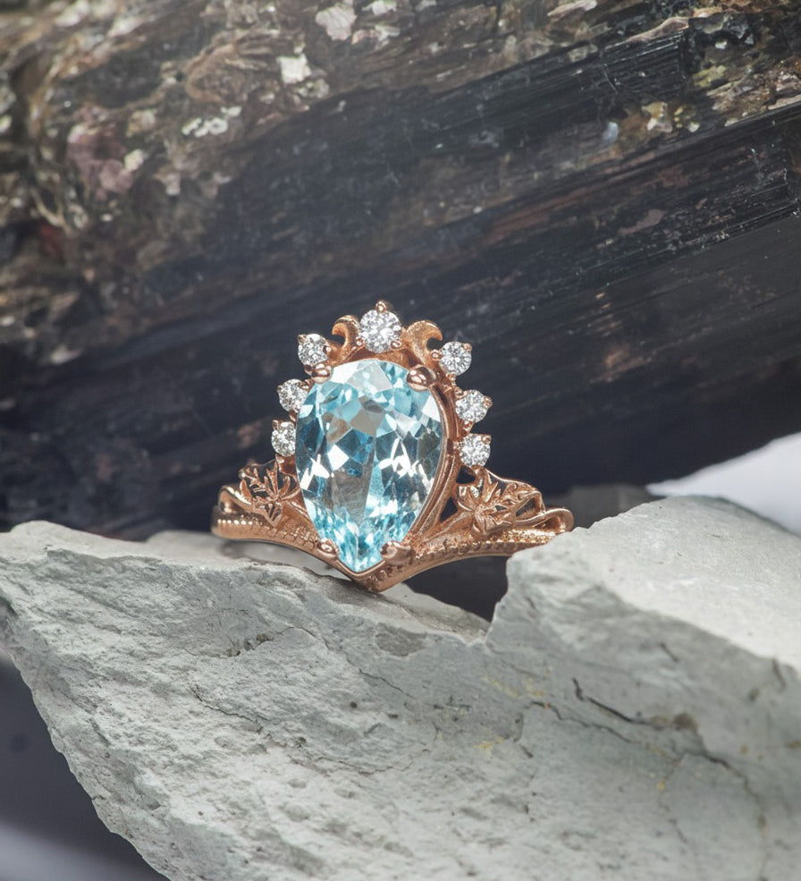Aquamarine engagement ring, yellow gold proposal ring with diamond crown / Ariadne - Eden Garden Jewelry™