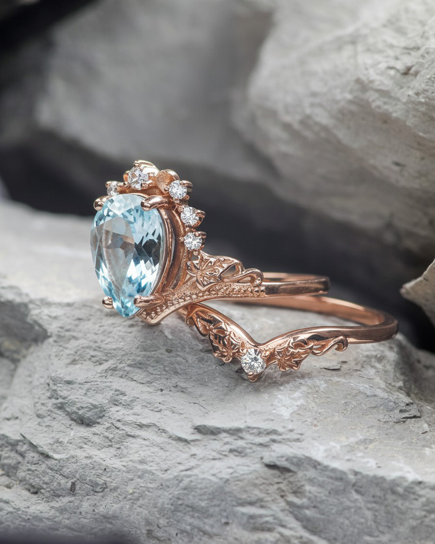 Carat Aquamarine Engagement Ring Yellow Gold Bridal Ring Set