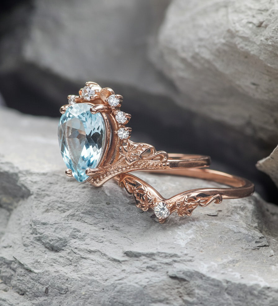 Stunning aquamarine bridal ring set, big pear cut engagement rings with diamond crown / Ariadne - Eden Garden Jewelry™