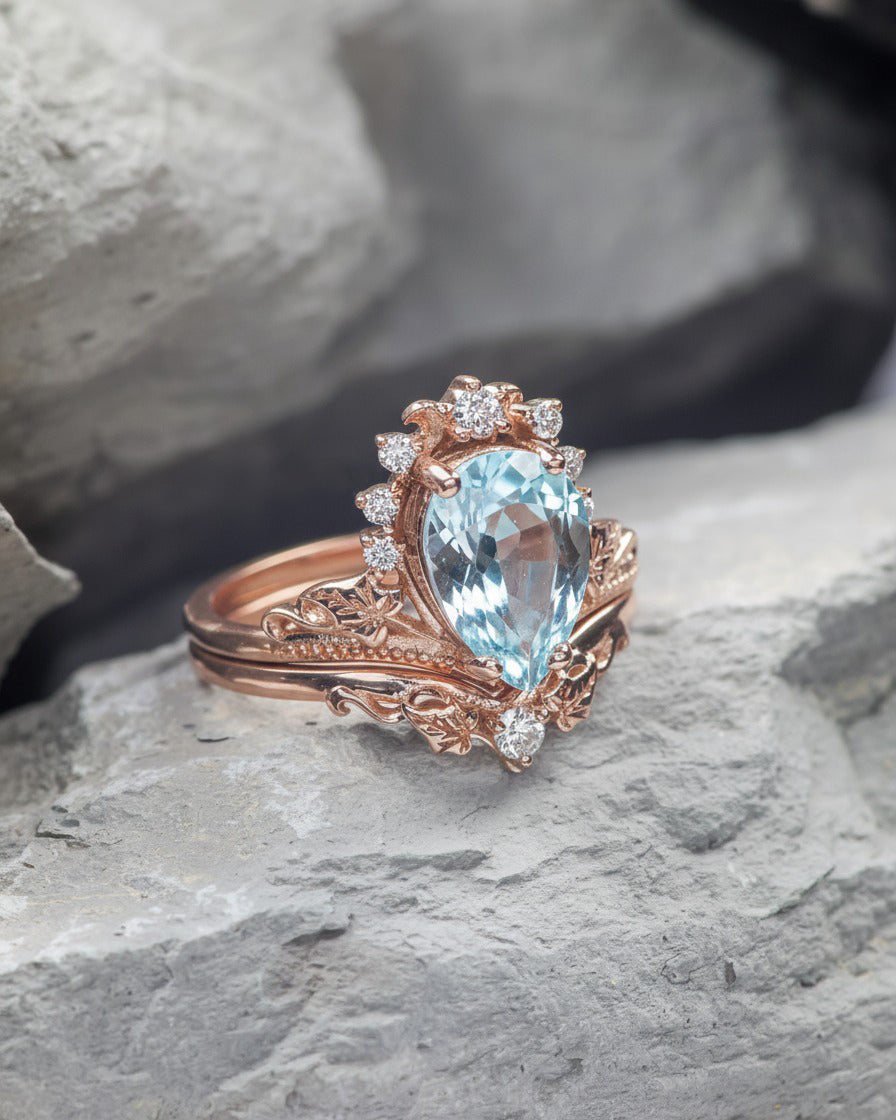 Stunning aquamarine bridal ring set, big pear cut engagement rings with diamond crown / Ariadne - Eden Garden Jewelry™