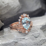 Stunning aquamarine bridal ring set, big pear cut engagement rings with diamond crown / Ariadne - Eden Garden Jewelry™
