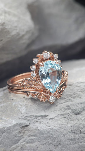 Stunning aquamarine bridal ring set, big pear cut engagement rings with diamond crown / Ariadne - Eden Garden Jewelry™