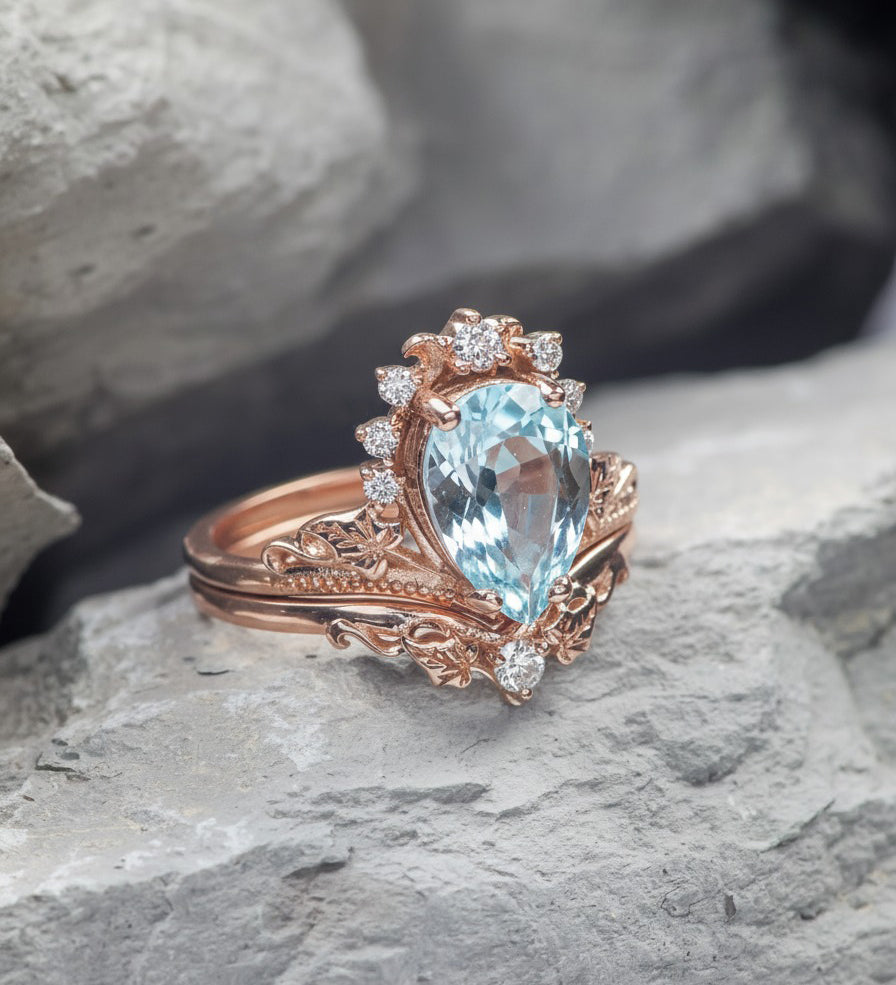 Stunning aquamarine bridal ring set, big pear cut engagement rings with diamond crown / Ariadne - Eden Garden Jewelry™