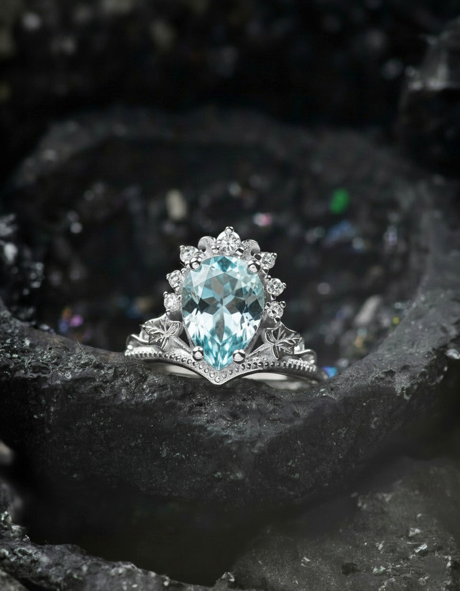 Aquamarine engagement ring, yellow gold proposal ring with diamond crown / Ariadne - Eden Garden Jewelry™