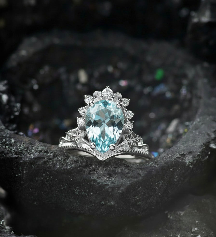 Aquamarine engagement ring, yellow gold proposal ring with diamond crown / Ariadne - Eden Garden Jewelry™