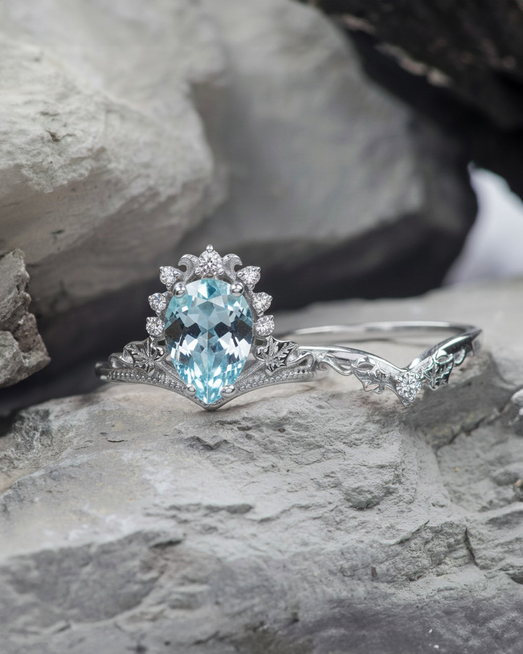 Stunning aquamarine bridal ring set, big pear cut engagement rings with diamond crown / Ariadne - Eden Garden Jewelry™