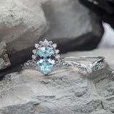 Stunning aquamarine bridal ring set, big pear cut engagement rings with diamond crown / Ariadne - Eden Garden Jewelry™