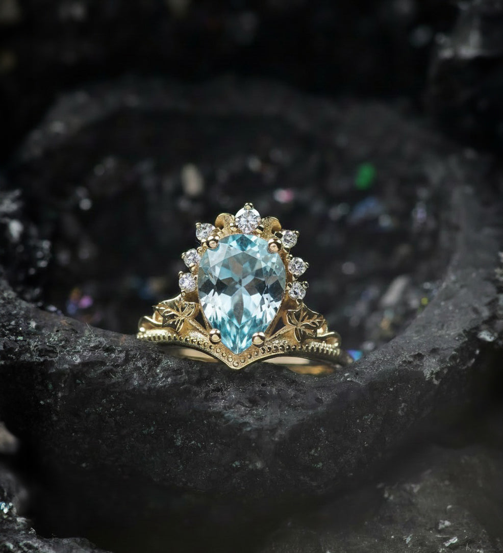 Aquamarine engagement ring, yellow gold proposal ring with diamond crown / Ariadne - Eden Garden Jewelry™