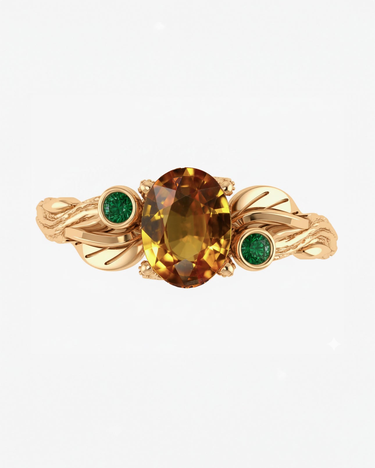 Custom order: Arius ring with 1.5 ct orange sapphire and emeralds, 14K yellow gold - Eden Garden Jewelry™