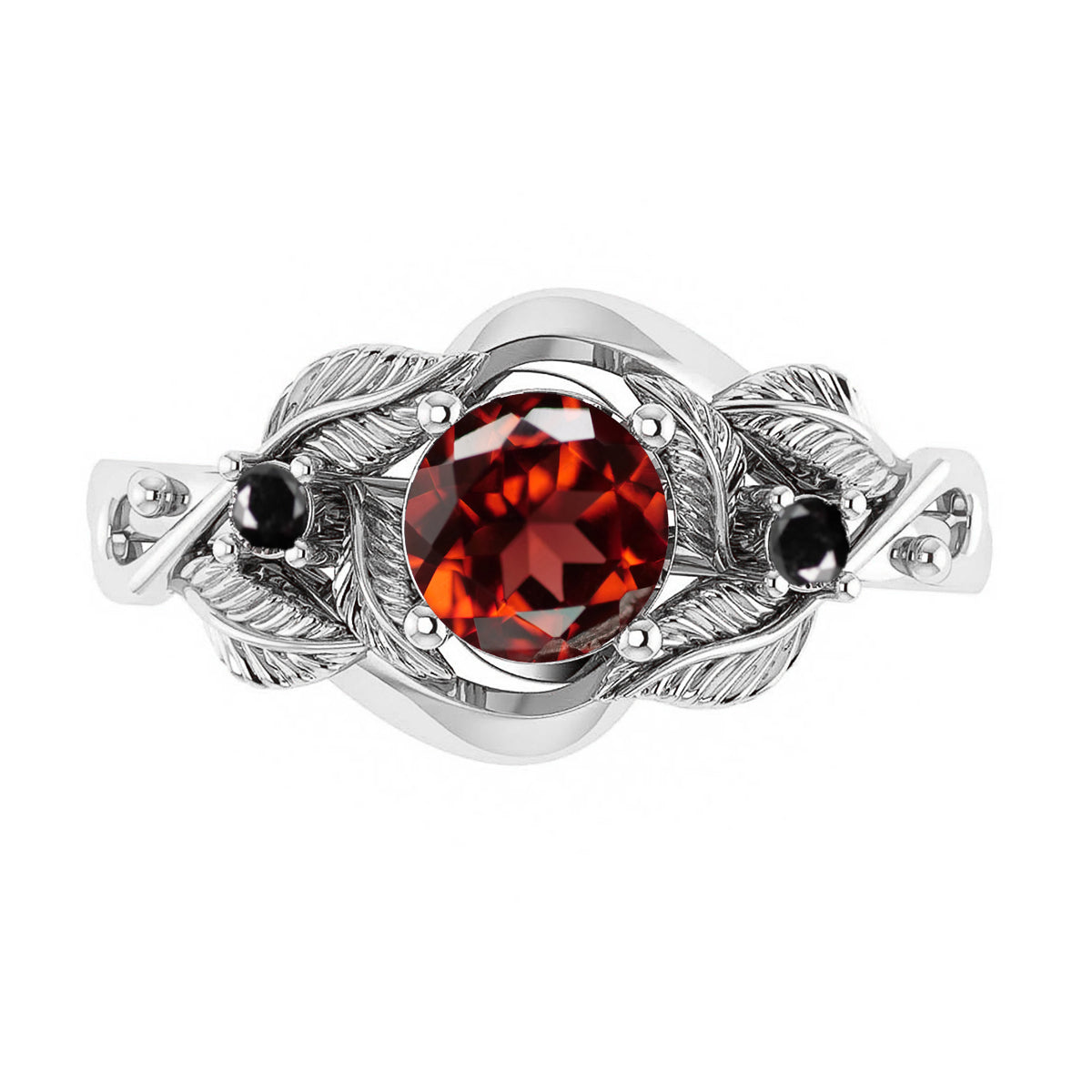 Custom order: Azalea engagement ring with central garnet and accent black sapphires - Eden Garden Jewelry™