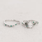 Bridal Set with Pear-cut Diamond, Moss Agates and (Lab-grown) Emeralds / Patricia