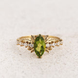 Peridot and diamonds engagement ring, nature inspired gold leaf ring / Verbena