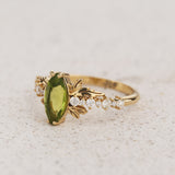 Peridot and diamonds engagement ring, nature inspired gold leaf ring / Verbena