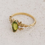 Peridot and diamonds engagement ring, nature inspired gold leaf ring / Verbena