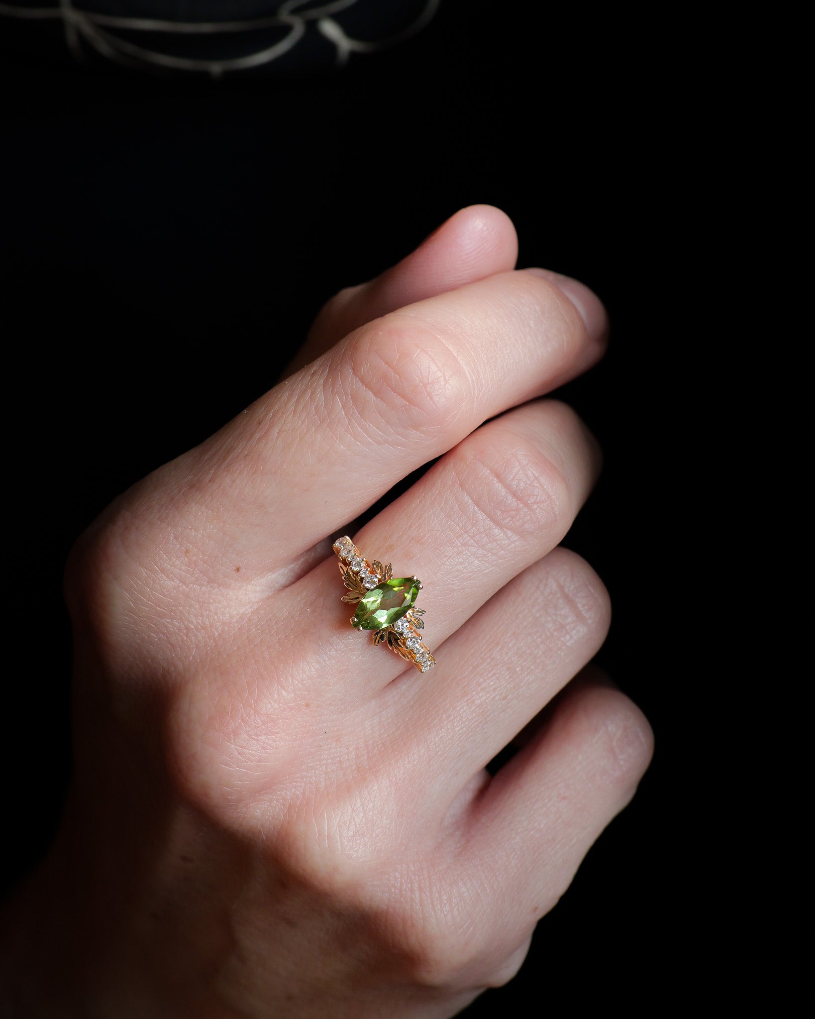 Peridot and diamonds engagement ring, nature inspired gold leaf ring / Verbena - Eden Garden Jewelry™