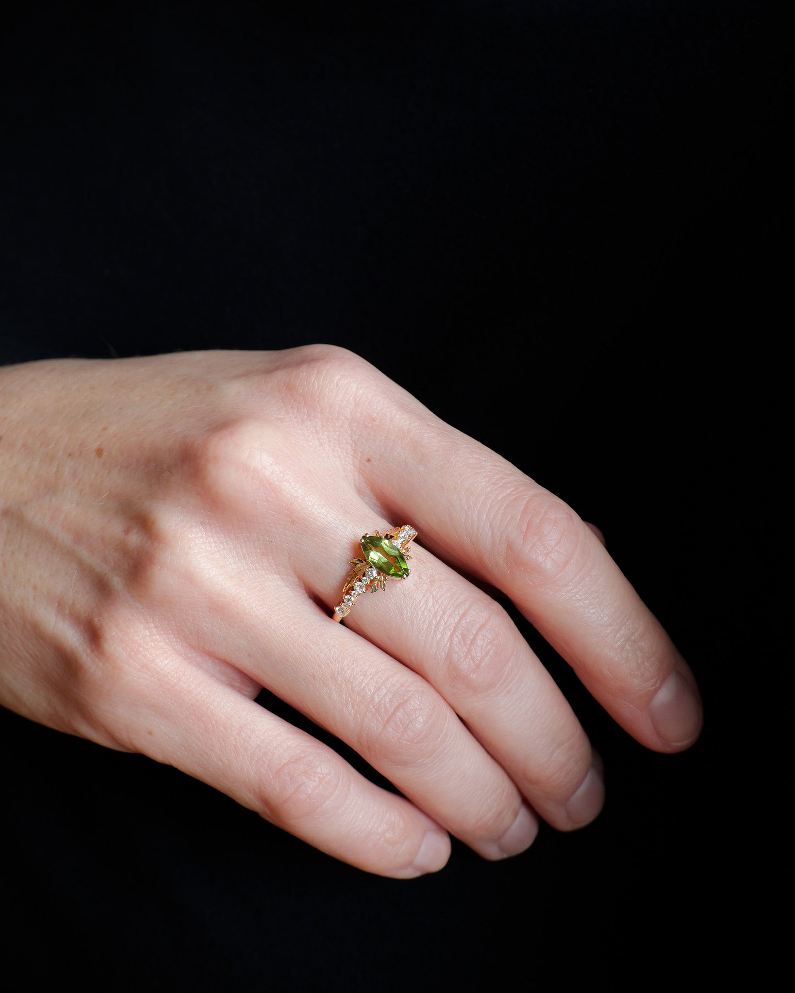 Peridot and diamonds engagement ring, nature inspired gold leaf ring / Verbena - Eden Garden Jewelry™