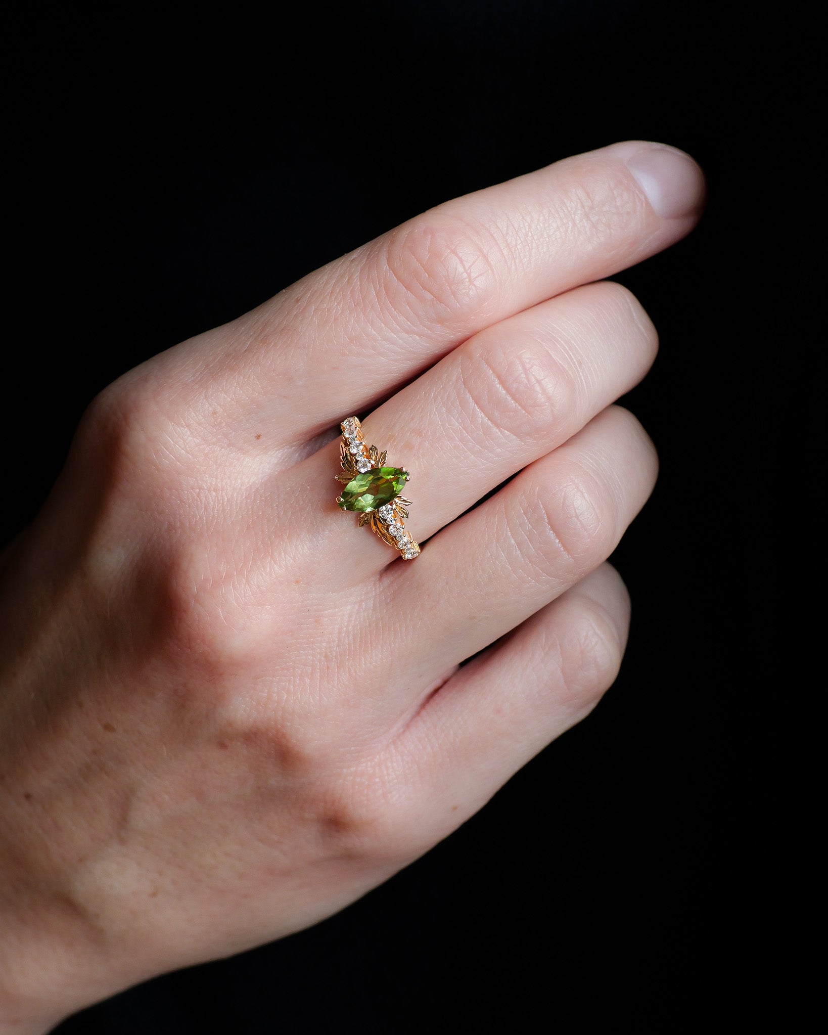 Peridot and diamonds engagement ring, nature inspired gold leaf ring / Verbena - Eden Garden Jewelry™