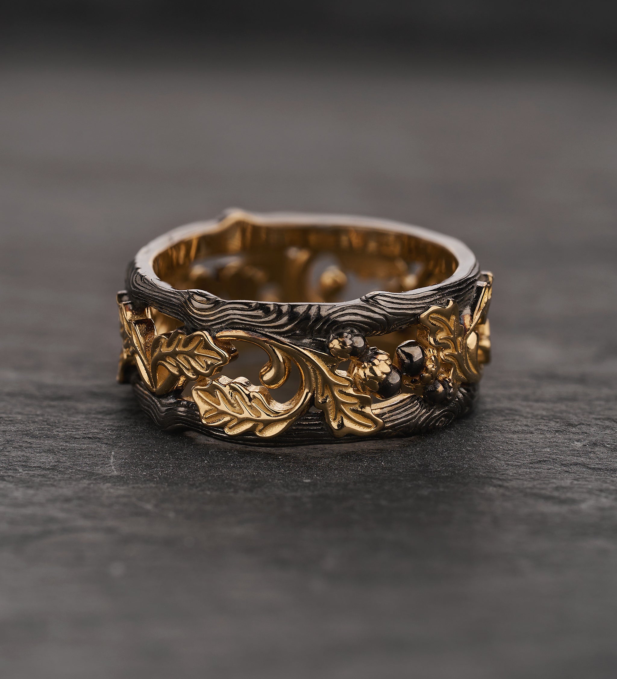 Black and gold oak ring, wedding band for him - Eden Garden Jewelry™
