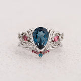 READY TO SHIP: Ikar bridal ring set with London Blue Topaz and Accent Pink Tourmalines, Aquamarines & Topazes, 14K white gold, AVAILABLE RING SIZES: 5.5 - 8.5 US