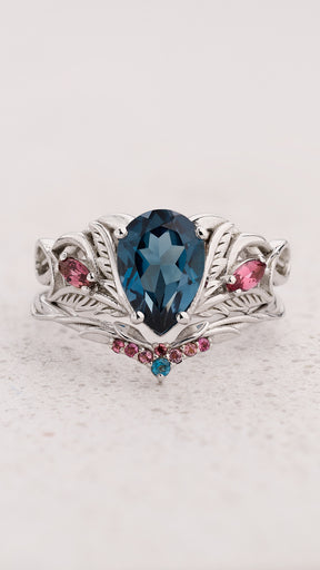 READY TO SHIP Ikar bridal ring set with London Blue Topaz and Accent Pink Tourmalines, Aquamarines & Topazes, 14K white gold, AVAILABLE RING SIZES: 5.5 - 8.5 US - Eden Garden Jewelry™
