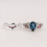 READY TO SHIP: Ikar bridal ring set with London Blue Topaz and Accent Pink Tourmalines, Aquamarines & Topazes, 14K white gold, AVAILABLE RING SIZES: 5.5 - 8.5 US