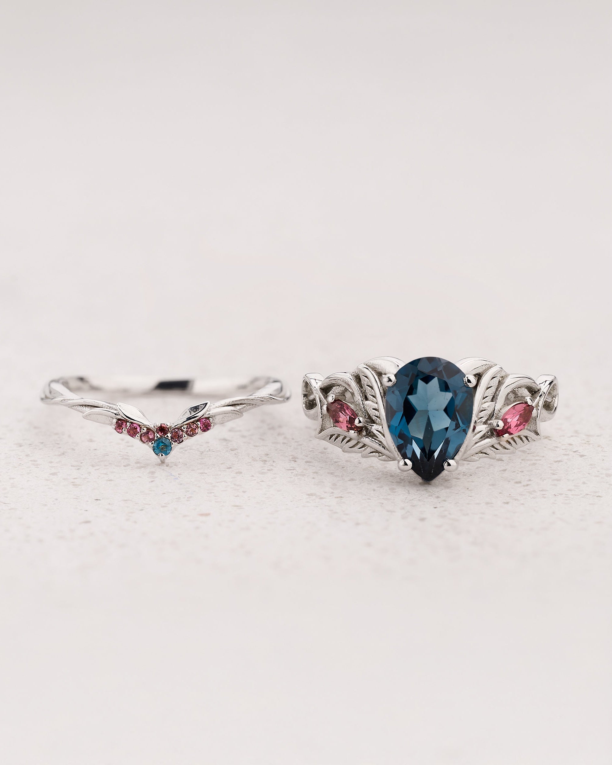 READY TO SHIP Ikar bridal ring set with London Blue Topaz and Accent Pink Tourmalines, Aquamarines & Topazes, 14K white gold, AVAILABLE RING SIZES: 5.5 - 8.5 US - Eden Garden Jewelry™