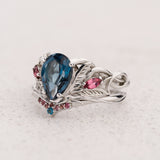 READY TO SHIP: Ikar bridal ring set with London Blue Topaz and Accent Pink Tourmalines, Aquamarines & Topazes, 14K white gold, AVAILABLE RING SIZES: 5.5 - 8.5 US