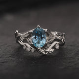 READY TO SHIP: Freesia bridal ring set with aquamarine & matching band with diamonds, 14K white gold, AVAILABLE RING SIZES: 5.5 - 8.5 US