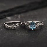 READY TO SHIP: Freesia bridal ring set with aquamarine & matching band with diamonds, 14K white gold, AVAILABLE RING SIZES: 5.5 - 8.5 US