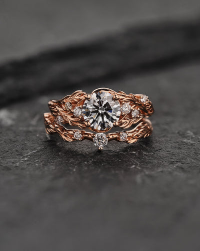 Bridal Set with Big Round Lab-grown Diamond / Japanese Maple - Eden Garden Jewelry™