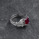 Bridal Set with Emerald-Cut (Natural) Ruby Flanked by Leaves / Patricia - Eden Garden Jewelry™