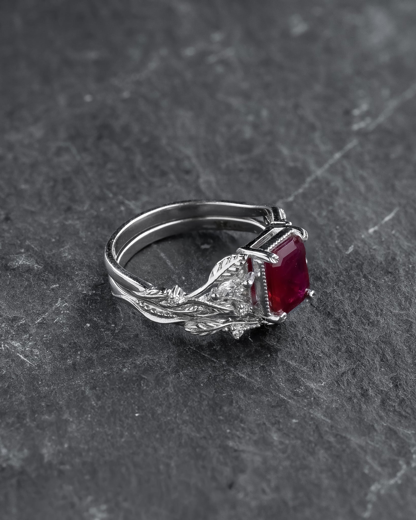 Bridal Set with Emerald-Cut (Natural) Ruby Flanked by Leaves / Patricia - Eden Garden Jewelry™
