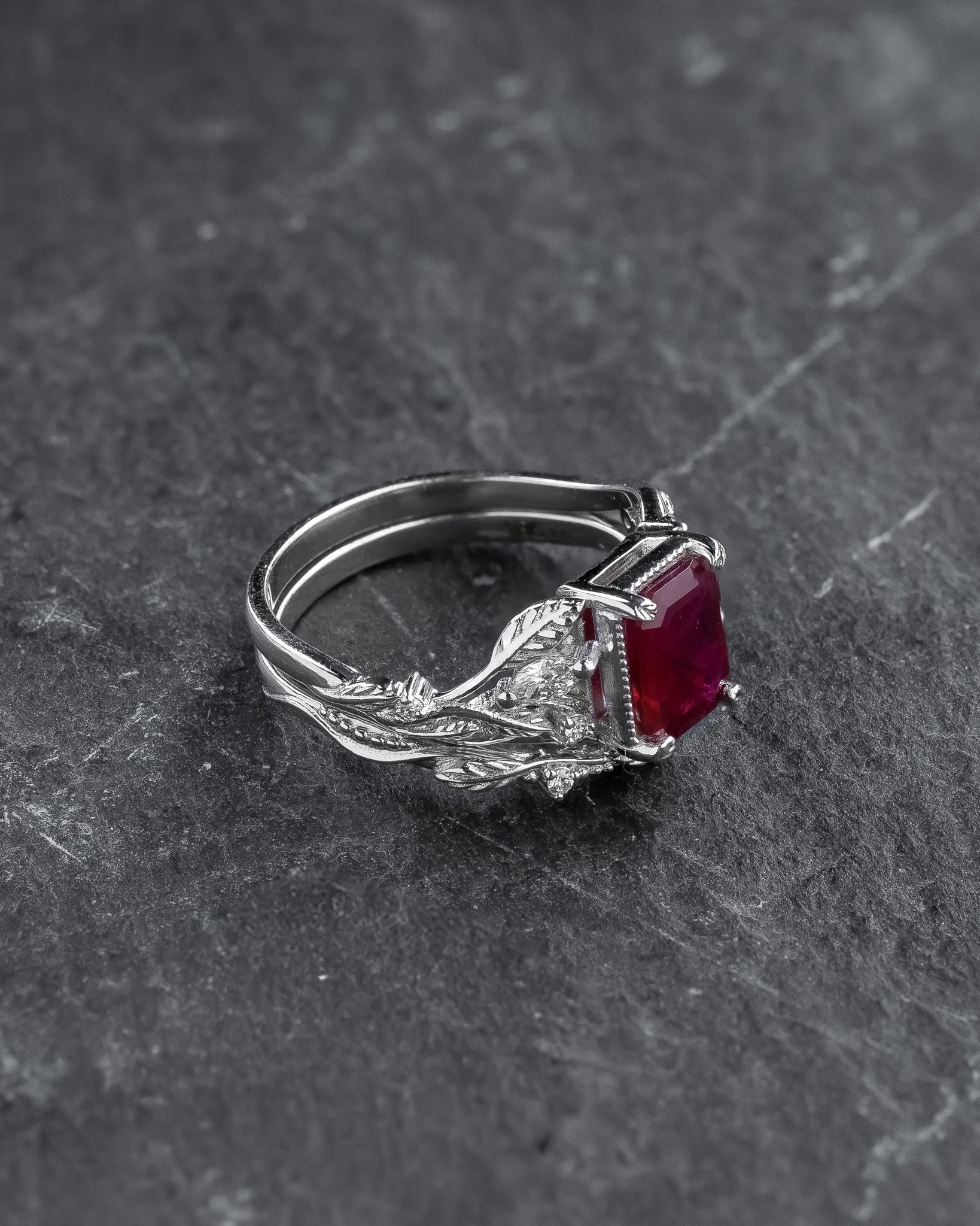 Bridal Set with Emerald-Cut (Natural) Ruby Flanked by Leaves / Patricia - Eden Garden Jewelry™