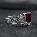 Bridal Set with Emerald-Cut (Natural) Ruby Flanked by Leaves / Patricia - Eden Garden Jewelry™