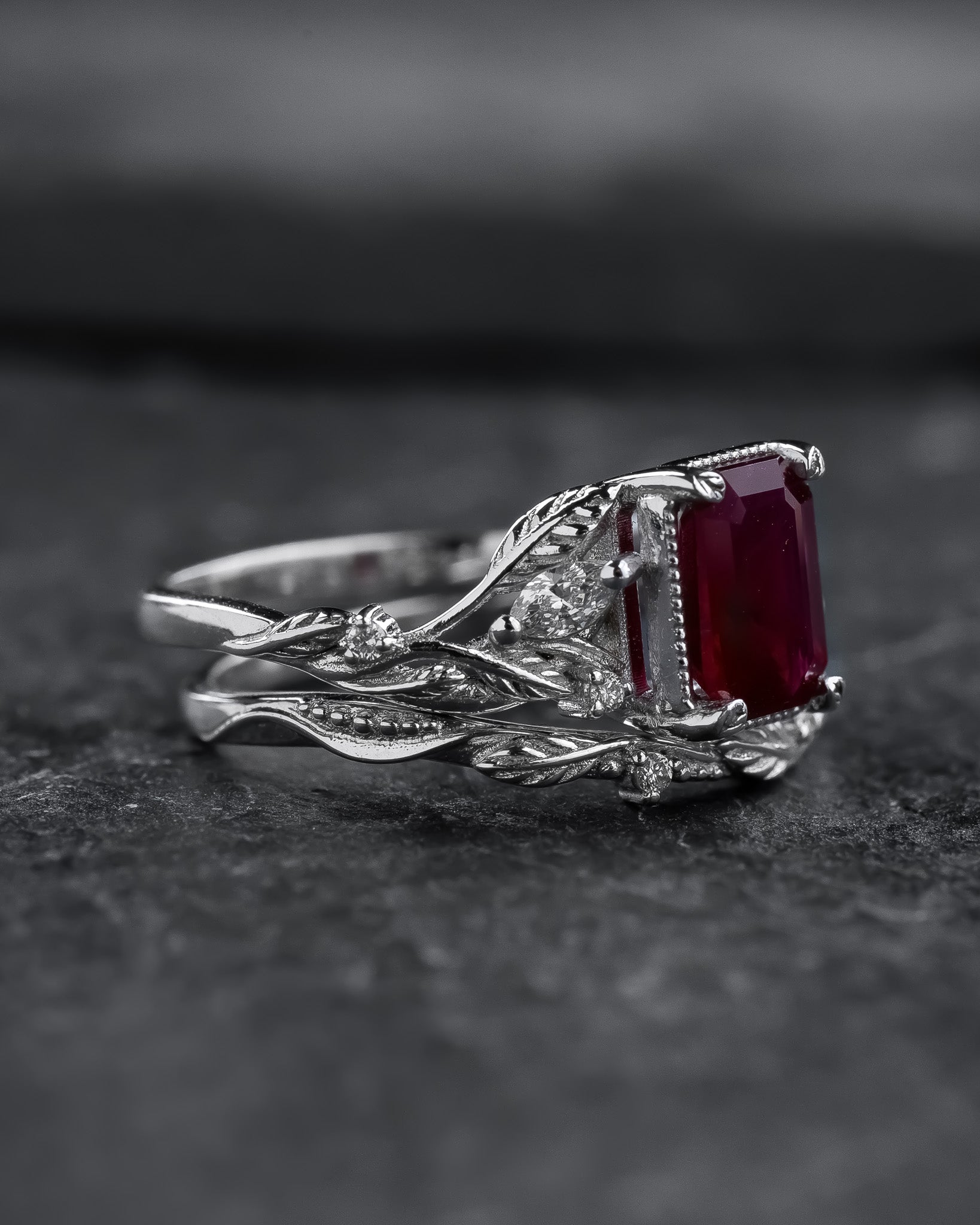 Bridal Set with Emerald-Cut (Natural) Ruby Flanked by Leaves / Patricia - Eden Garden Jewelry™