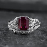 Bridal Set with Emerald-Cut (Natural) Ruby Flanked by Leaves / Patricia - Eden Garden Jewelry™