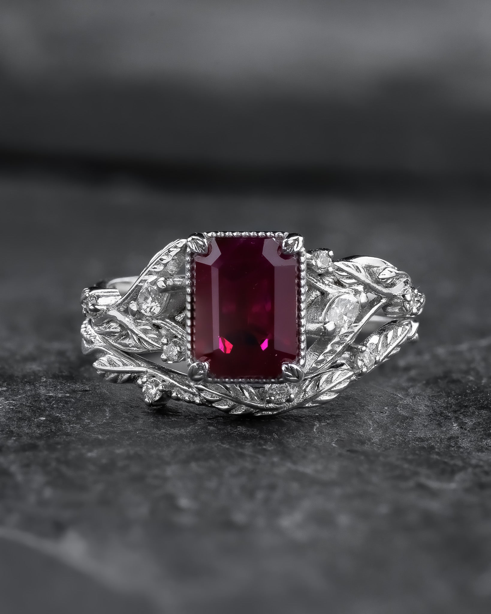 Bridal Set with Emerald-Cut (Natural) Ruby Flanked by Leaves / Patricia - Eden Garden Jewelry™