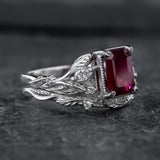 Bridal Set with Emerald-Cut (Natural) Ruby Flanked by Leaves / Patricia - Eden Garden Jewelry™